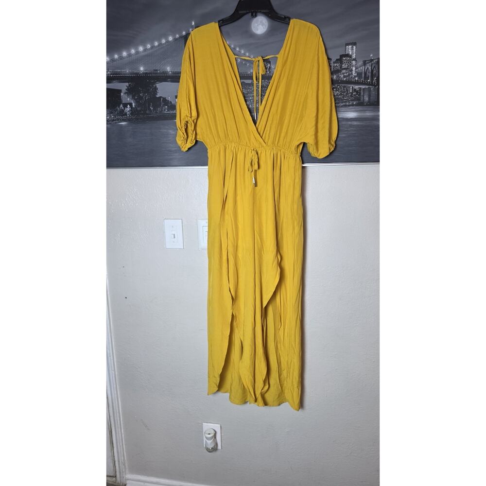 Yellow Wide Leg Jumpsuit Womens Boho Romper V Neck Tie Waist Summer Outfit